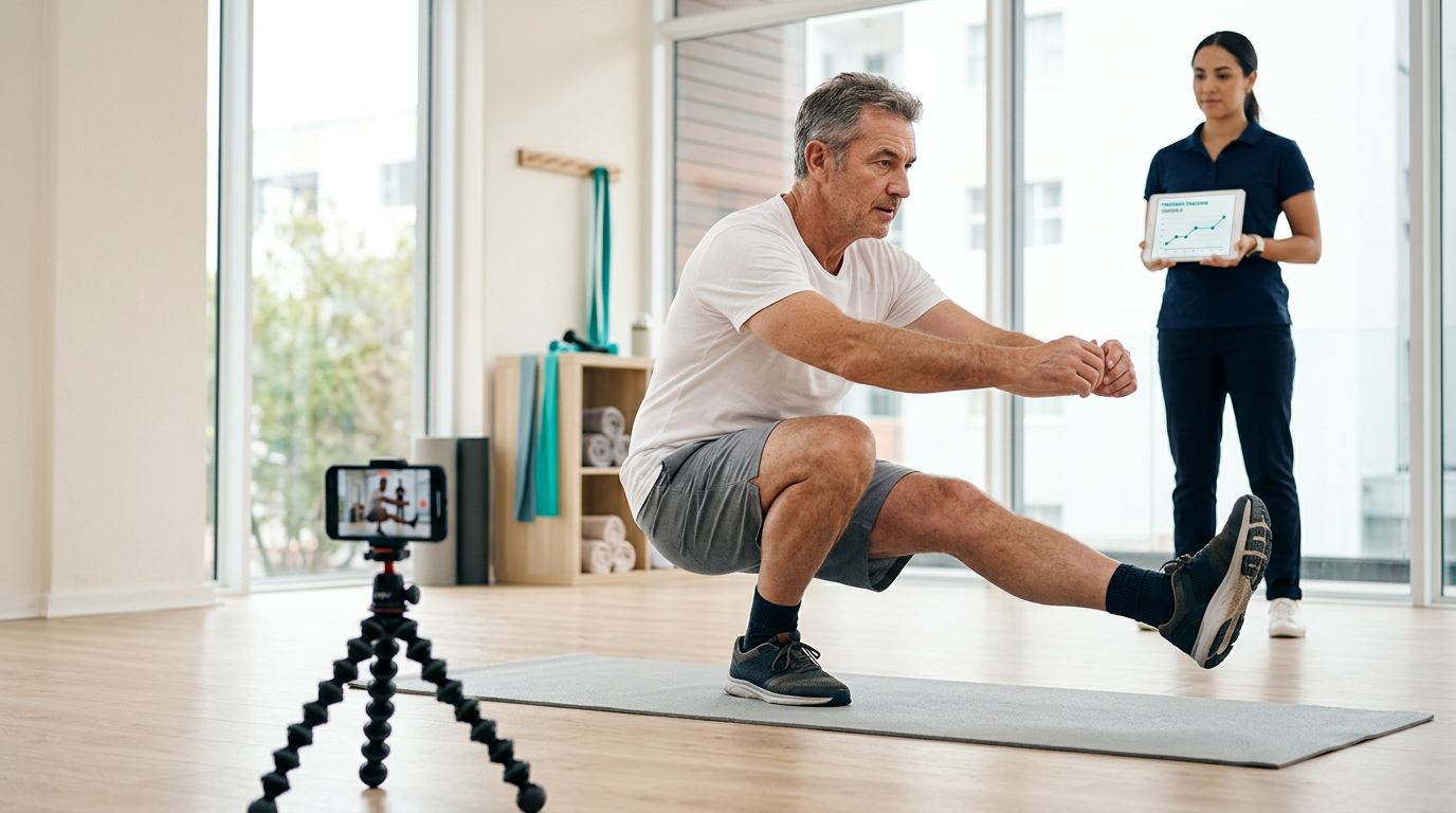 Patient performing a single-leg squat during a post-surgery rehabilitation session
