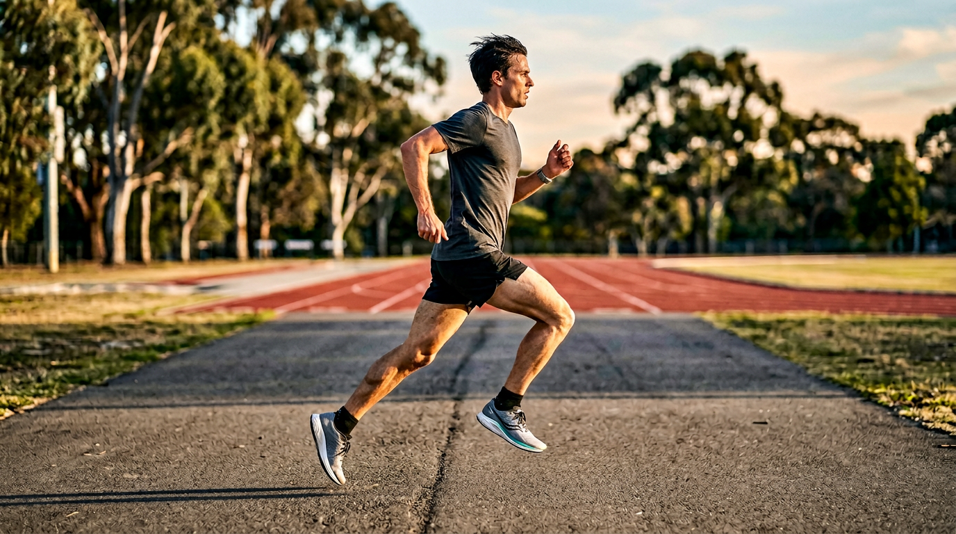Endurance runner mid-stride in side profile for gait analysis
